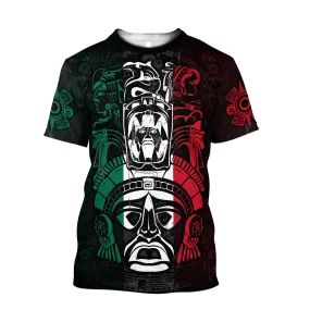 3D All Over Print Ancient Aztec Maya Ceremony Mask, Mexico Flag Shirt