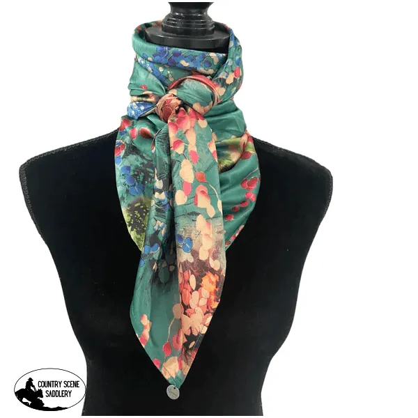 A8018 - SILK Teal Floral Rawhide Wild Rag Cowboy Scarf