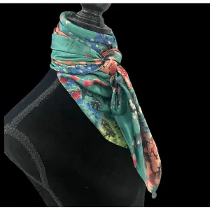 A8018 - SILK Teal Floral Rawhide Wild Rag Cowboy Scarf