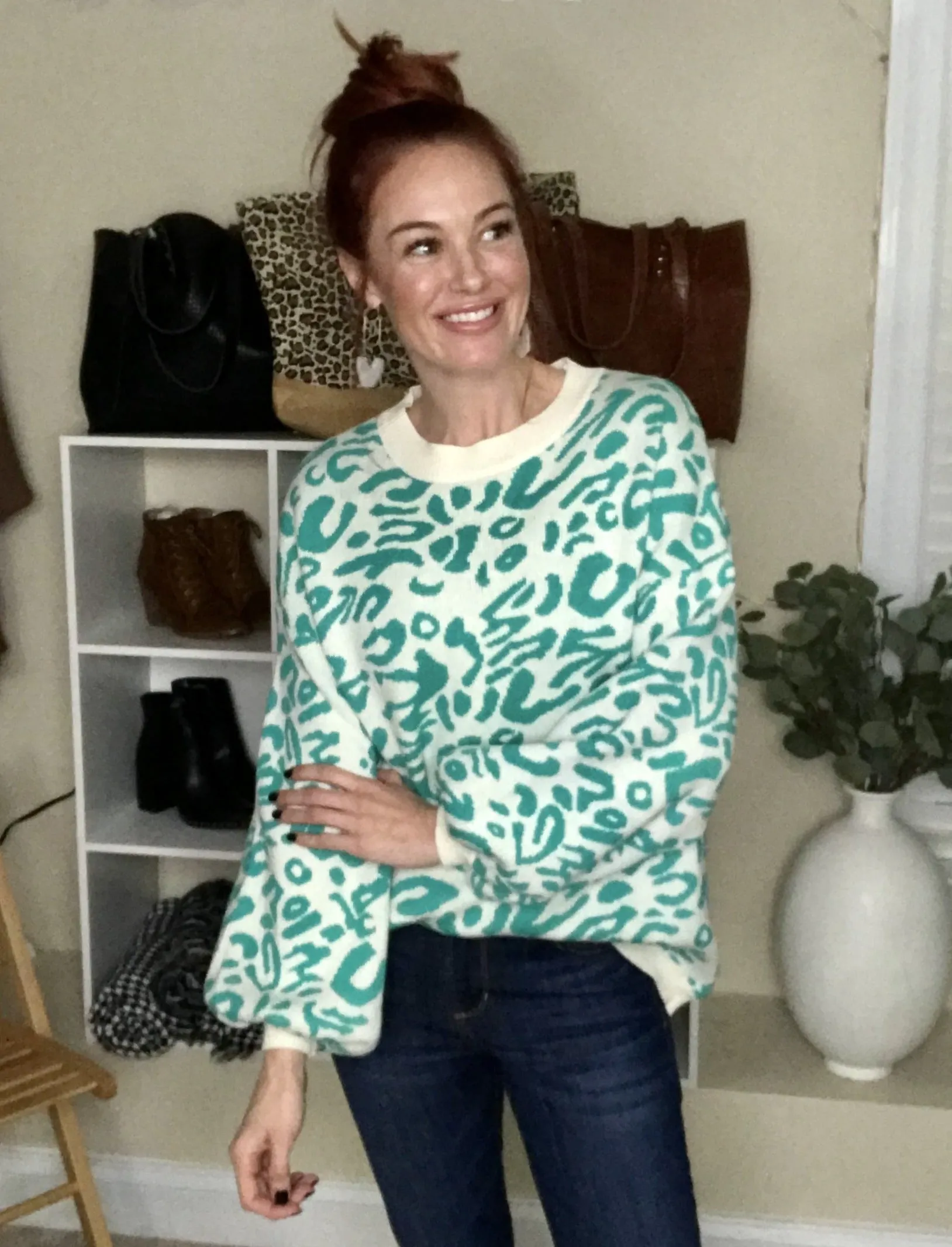 Alyssa Exotic Bubble Sleeve Sweater-Green