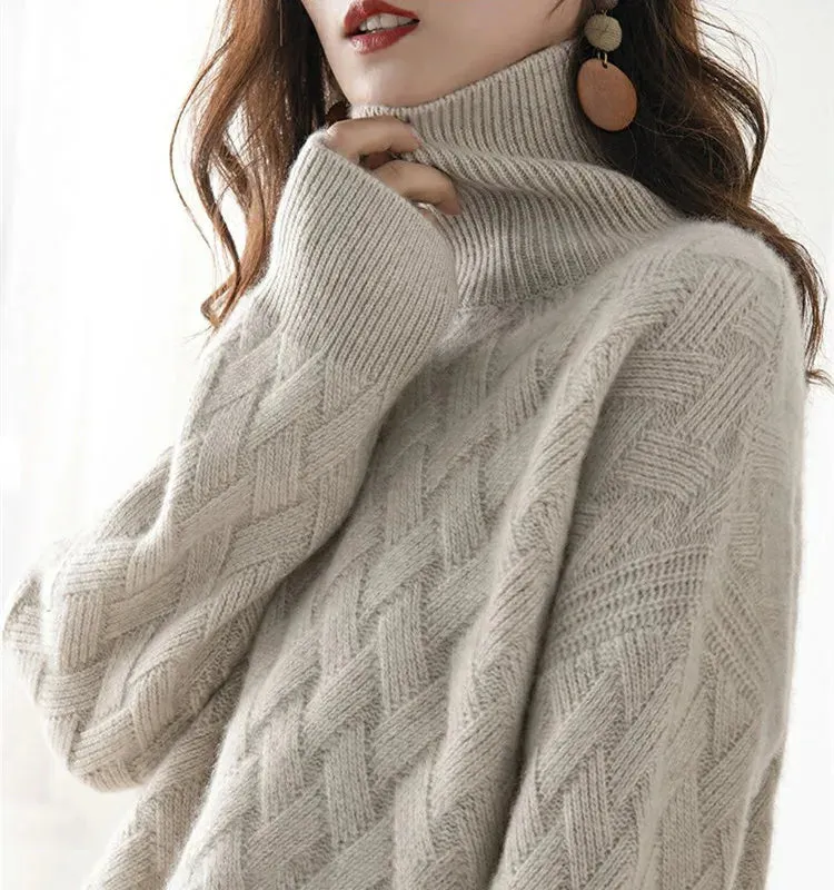 Ashore Shop Autumn and winter turtleneck cashmere sweater woman  new style languid breeze loose thick pullover underlay 100% wool sweater