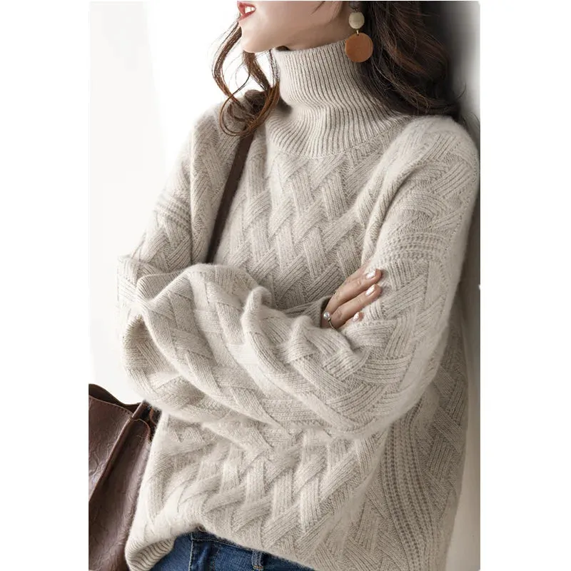 Ashore Shop Autumn and winter turtleneck cashmere sweater woman  new style languid breeze loose thick pullover underlay 100% wool sweater