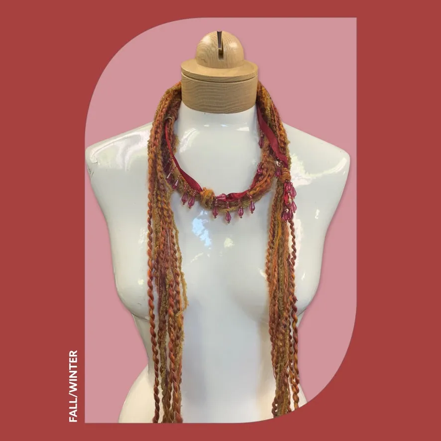 Boho Beaded Lightweight Mohair Scarf Necklace - Orange and Red