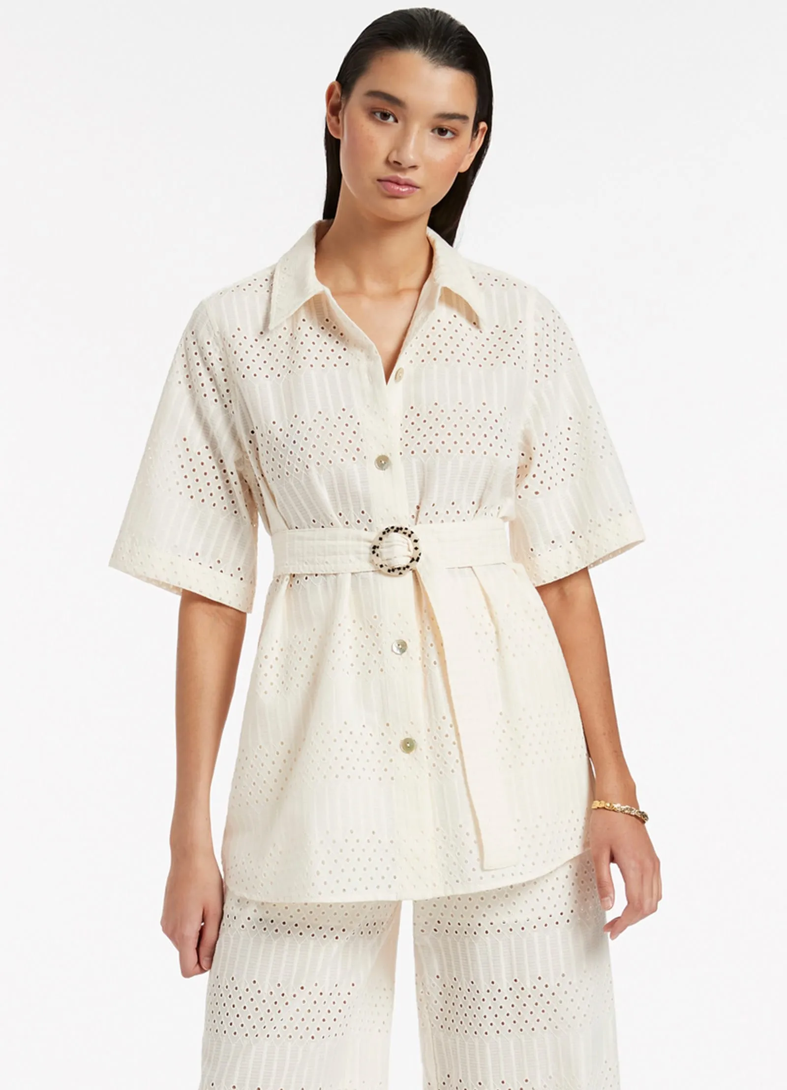 Broderie Short Sleeve Shirt - Cream