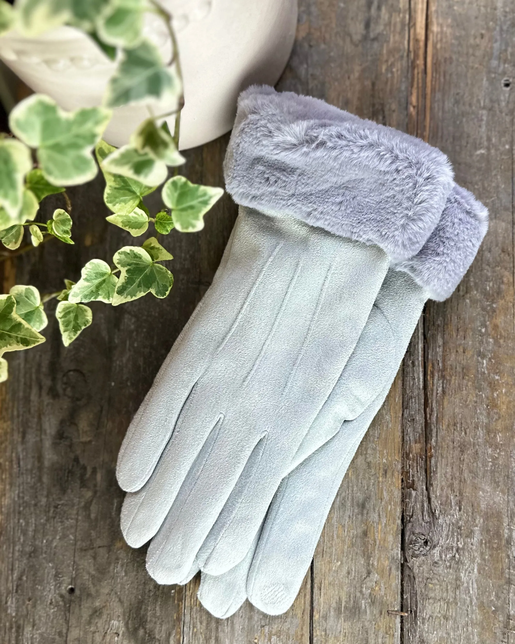 Faux Suede Gloves - Silver Grey