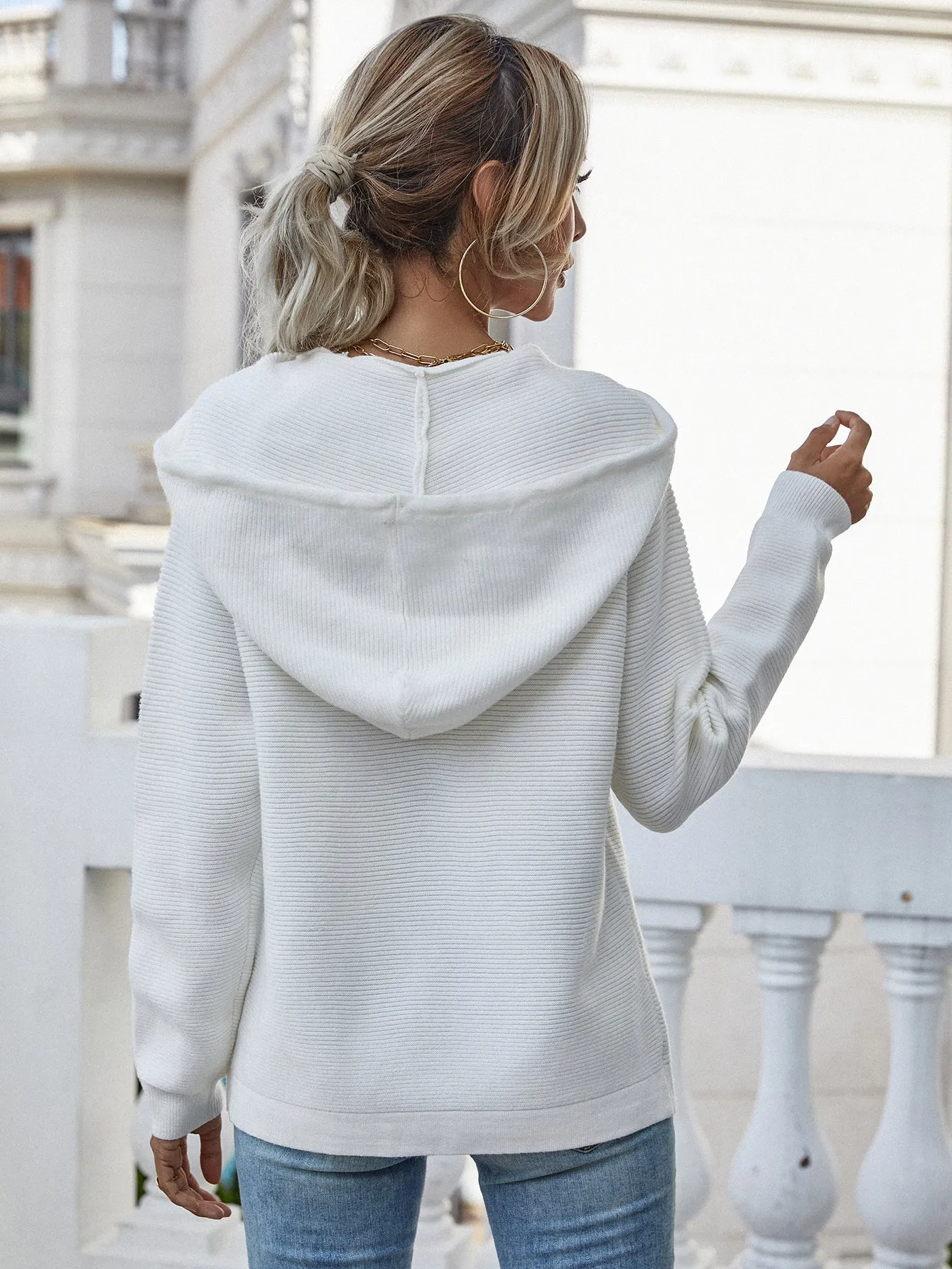 Horizontal Ribbing Drawstring Hooded Sweater