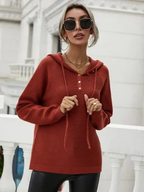 Horizontal Ribbing Drawstring Hooded Sweater