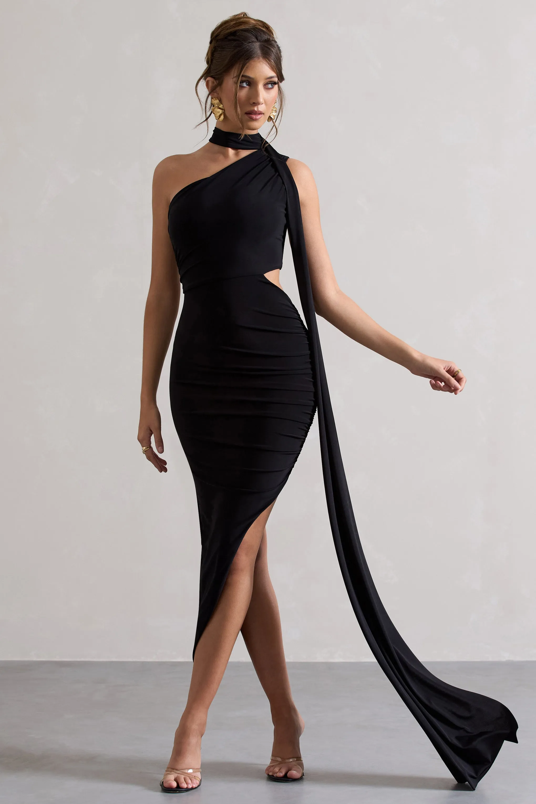 Icon | Black One Shoulder Cut-Out Maxi Dress With Scarf