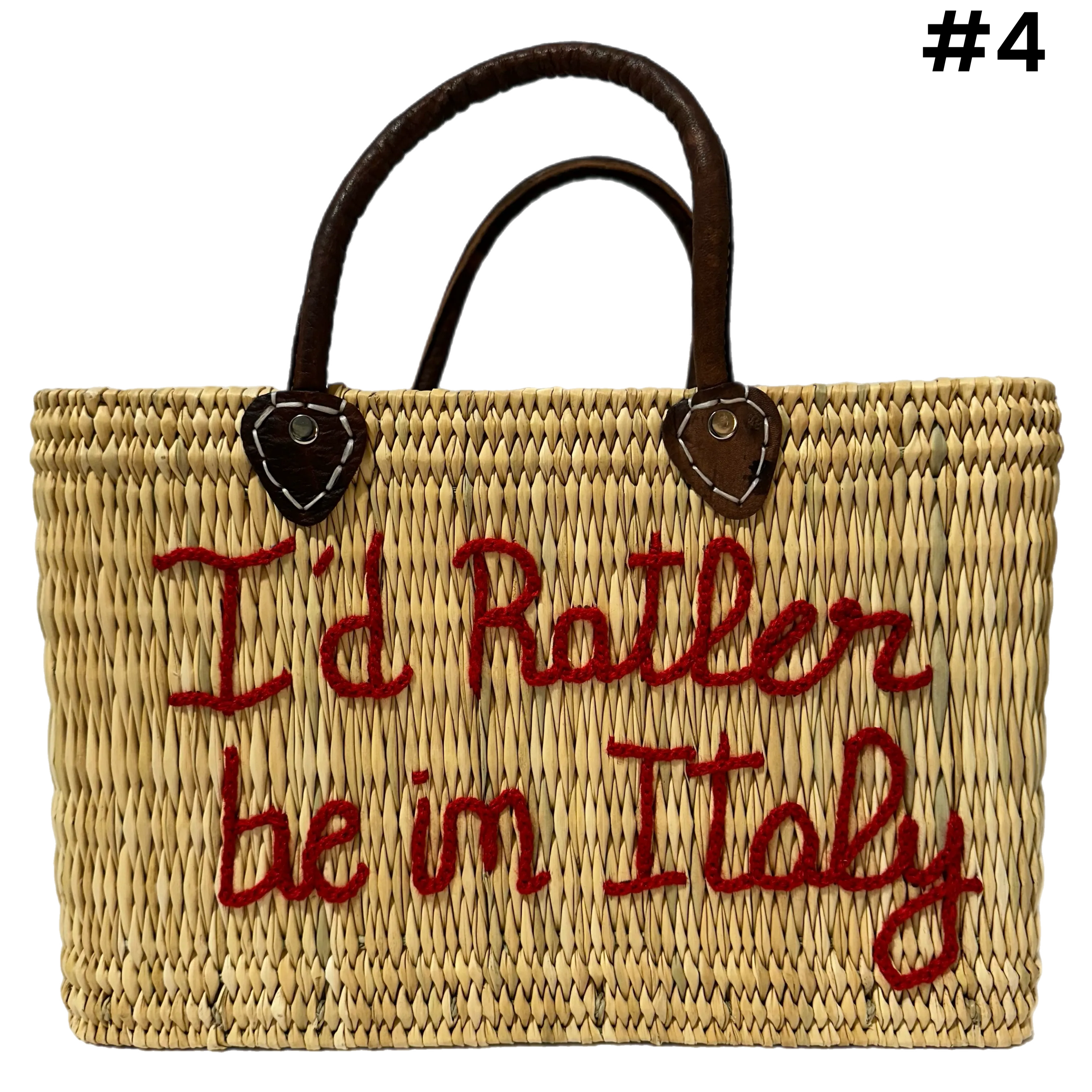 I'D RATHER BE IN ITALY LEATHER HANDLE REED BAG