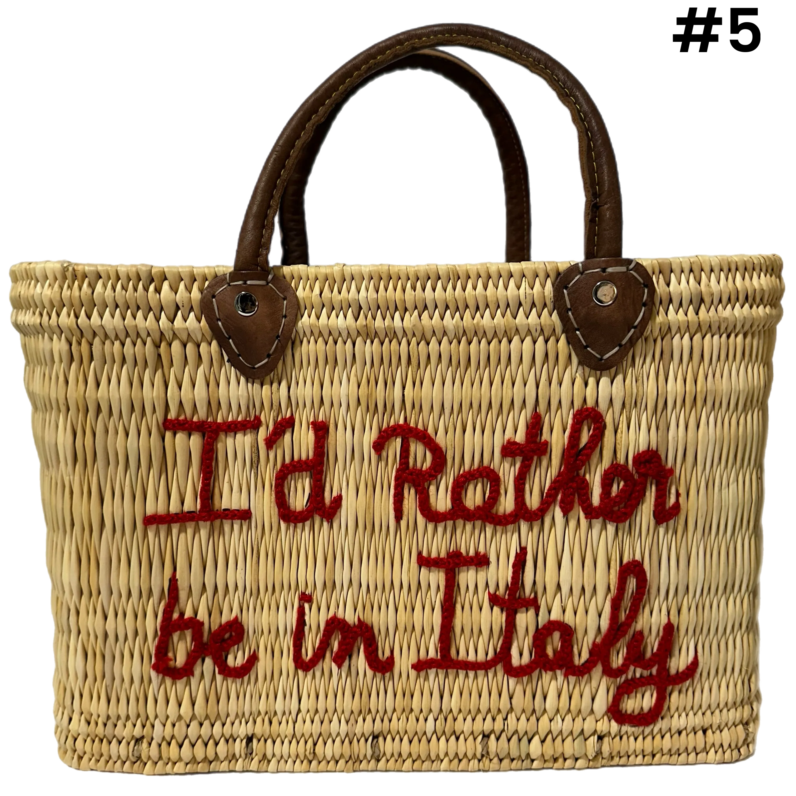 I'D RATHER BE IN ITALY LEATHER HANDLE REED BAG