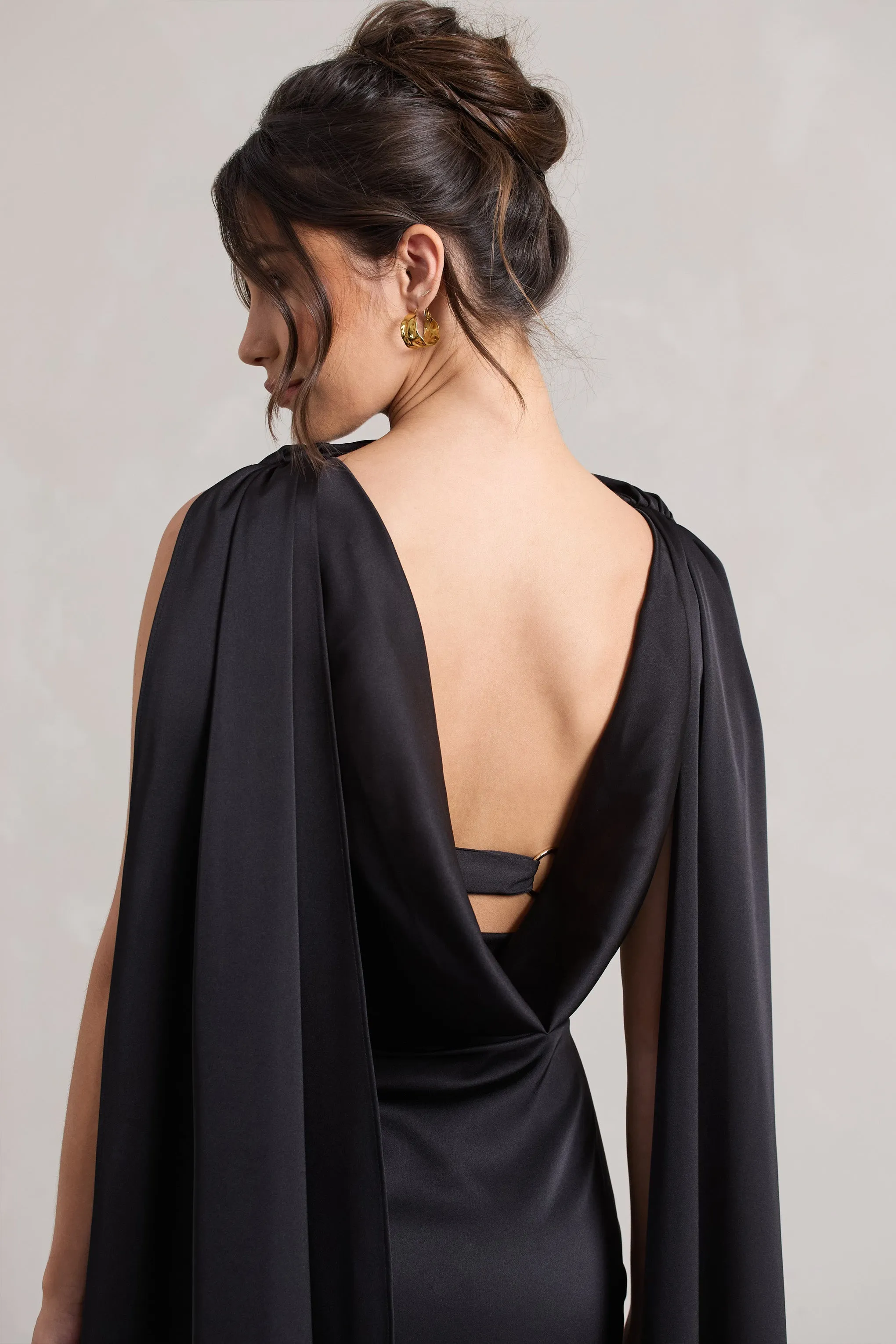 Intuition | Black Satin Square-Neck Split Maxi Dress With Scarf