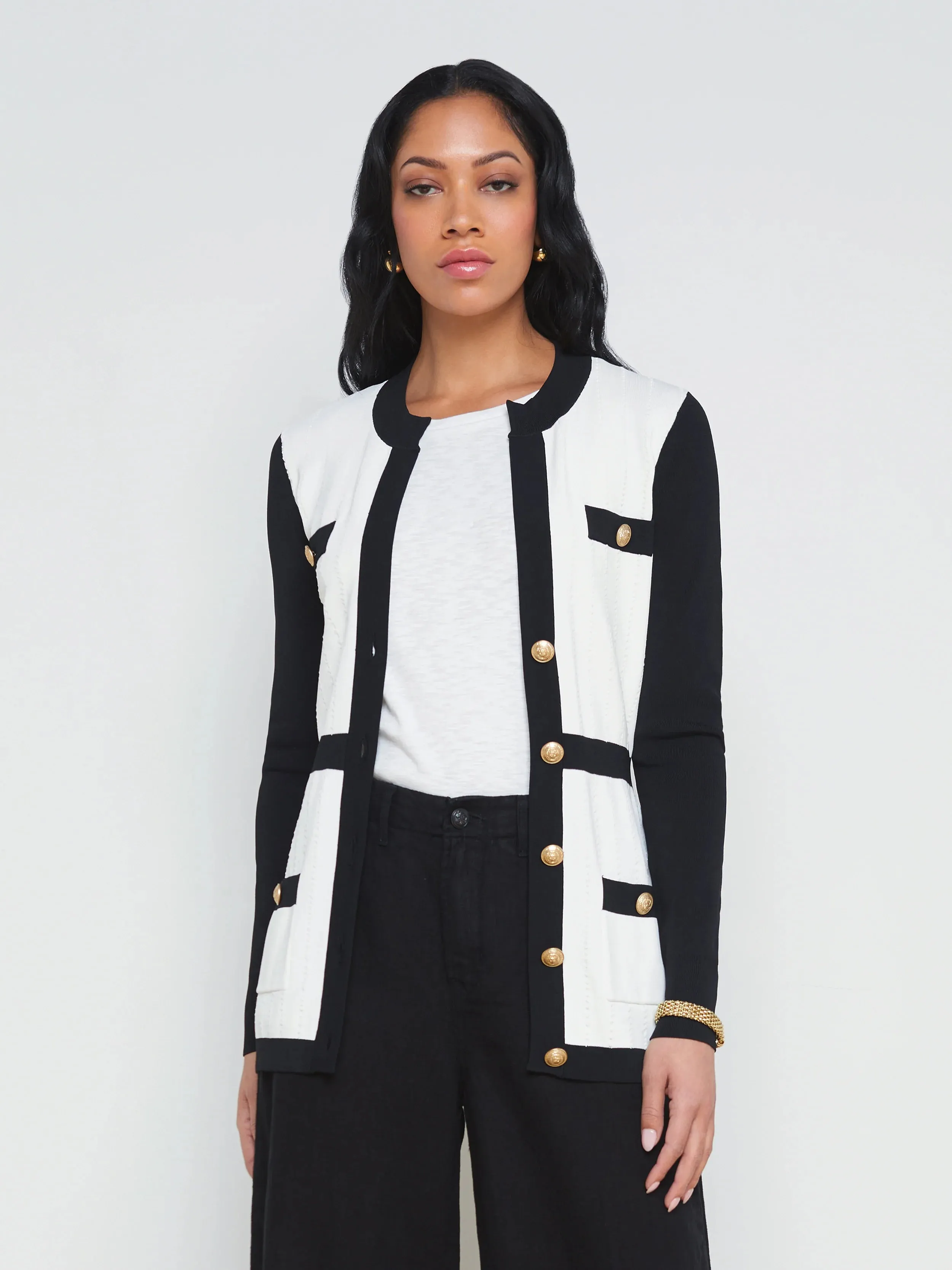 L’agence - Clover Contrast Trim Cardigan - White/black