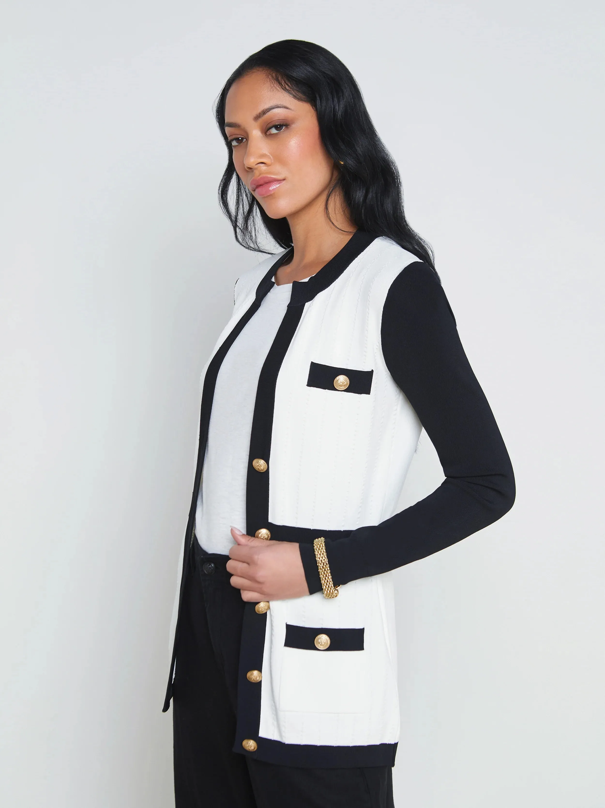 L’agence - Clover Contrast Trim Cardigan - White/black