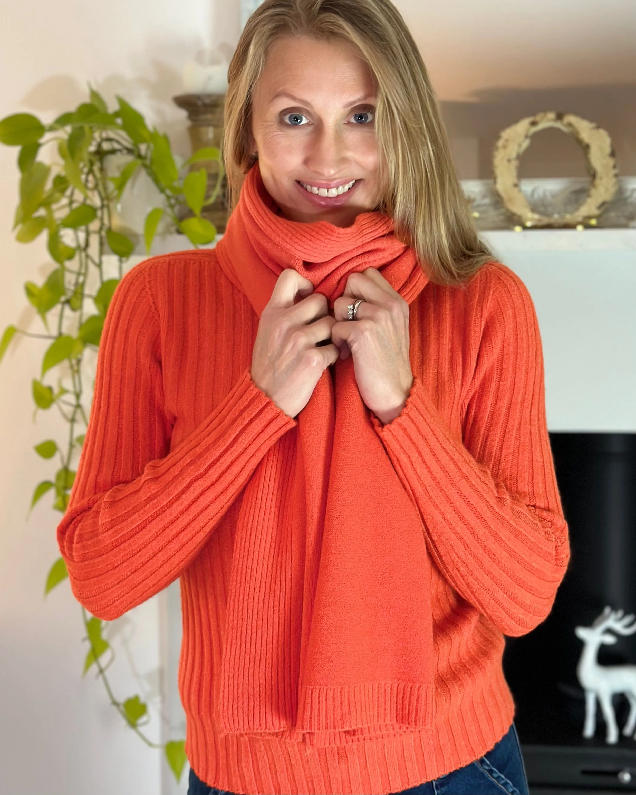 Long Ribbed Knitted Scarf - Dark Orange