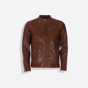 Mandarin Collar Leather Jacket, Cognac