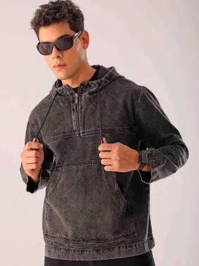 Men Black Relaxed Fit Solid Hooded Denim Jacket