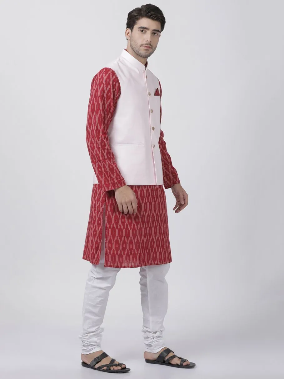 Men's Maroon Cotton Blend Ethnic Jacket, Kurta and Dhoti Pant Set