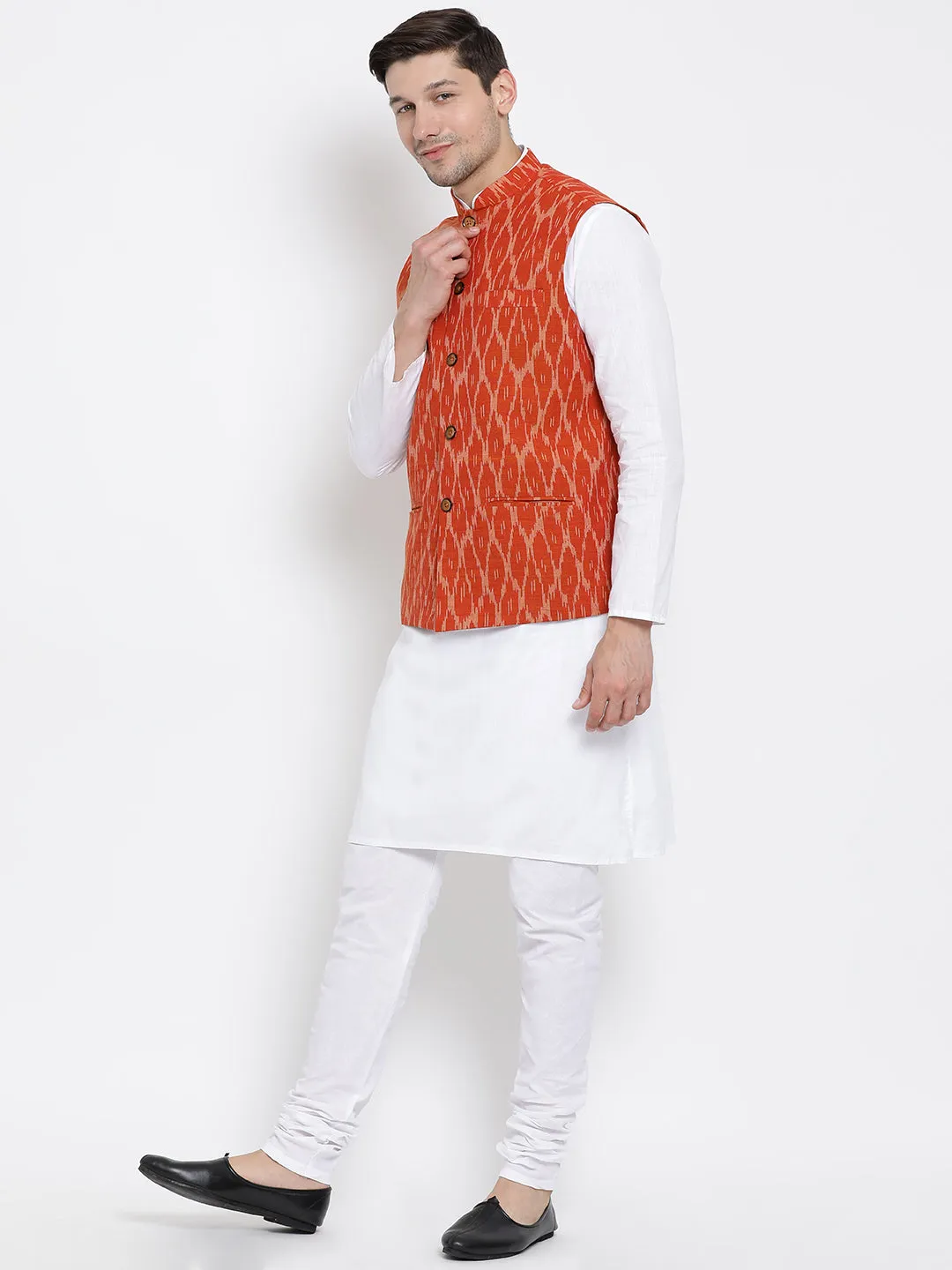 Men's White Cotton Kurta, Orange Ethnic Jacket and Pyjama Set