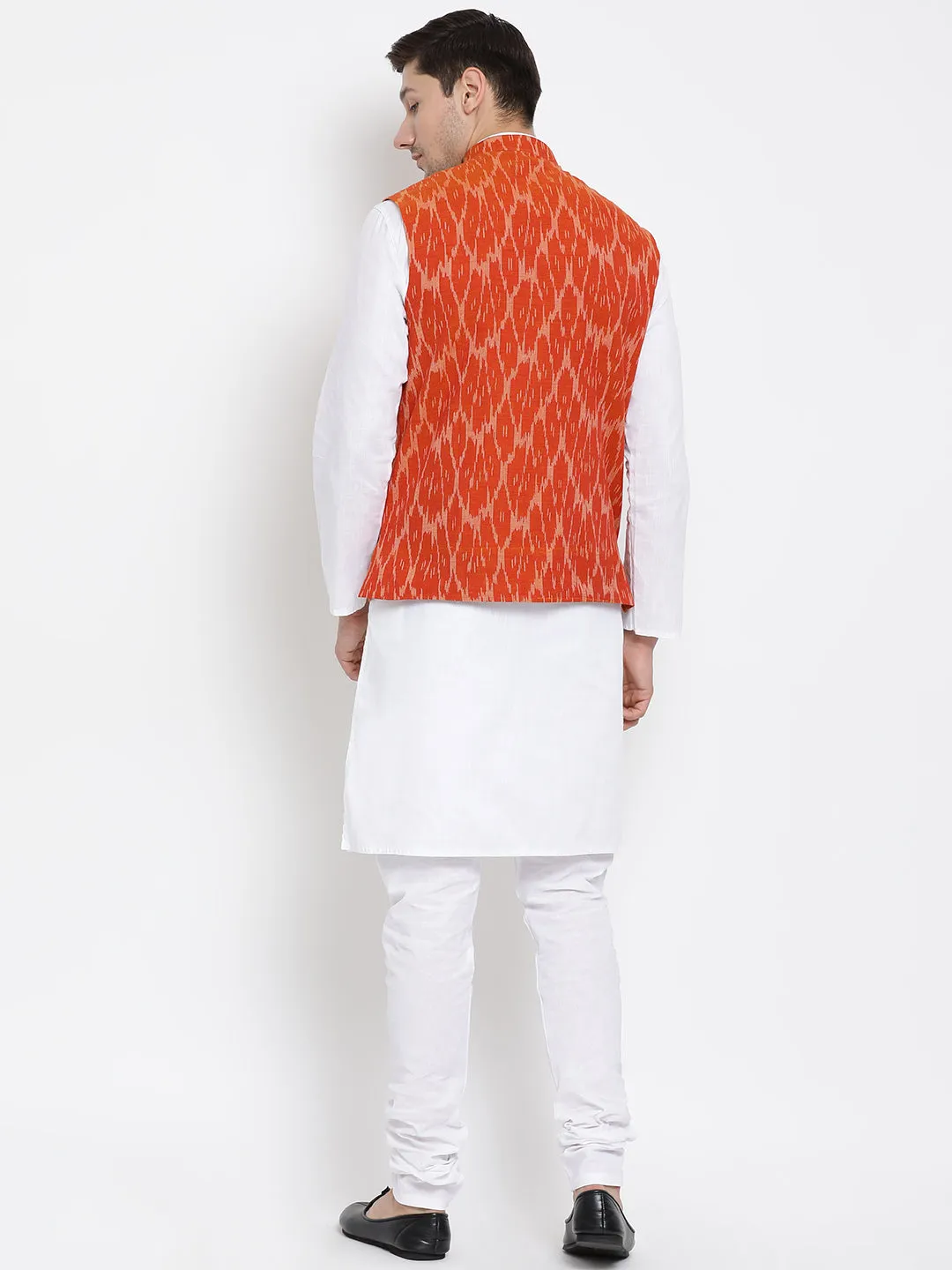 Men's White Cotton Kurta, Orange Ethnic Jacket and Pyjama Set