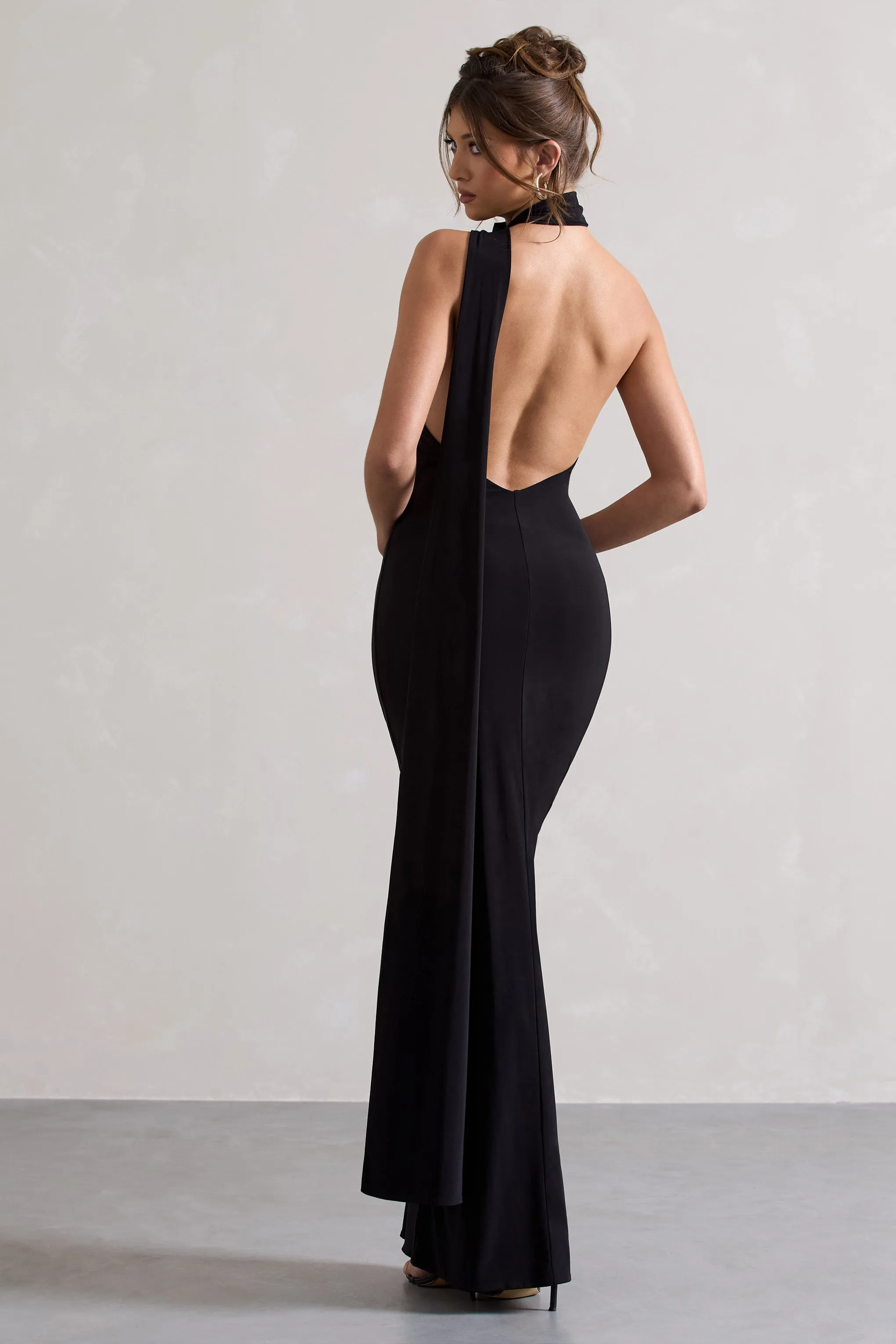 Miss | Black One Shoulder Backless Maxi Dress With Scarf