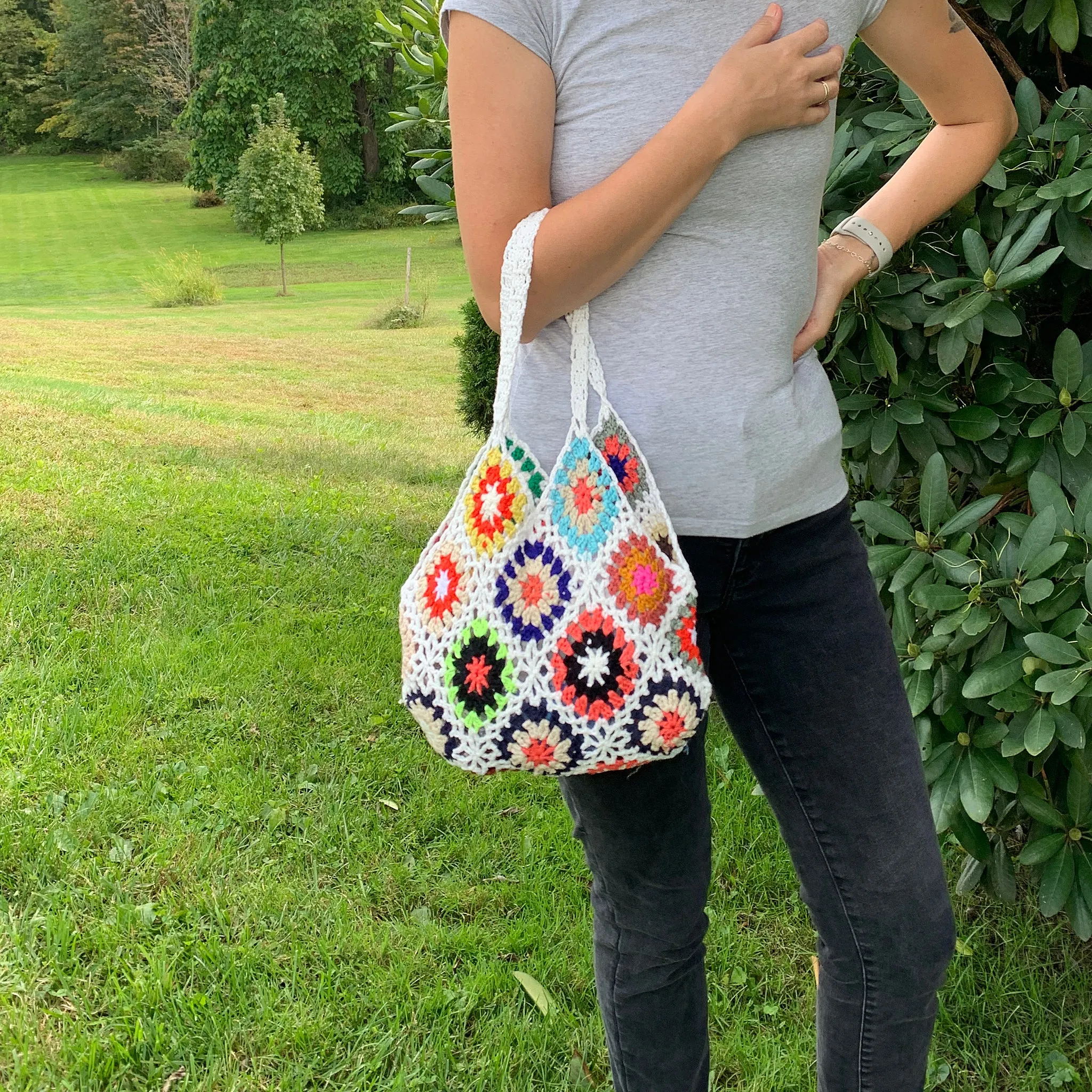 Patchwork Crochet Shoulder Bag in Multicolor and White