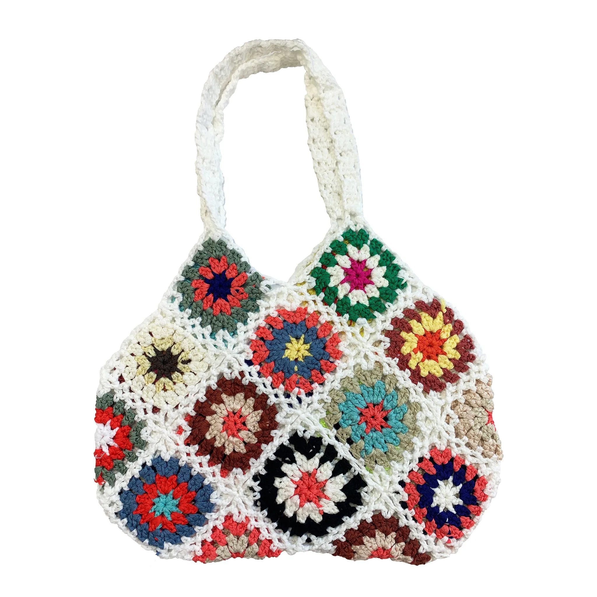 Patchwork Crochet Shoulder Bag in Multicolor and White