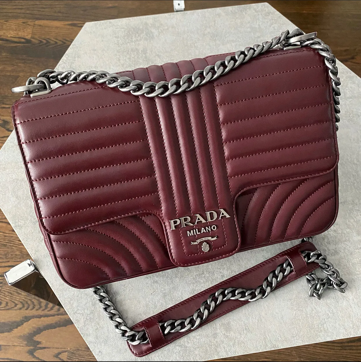 Prada Dark Bordeaux Quilted Large Diagramme Flap Bag