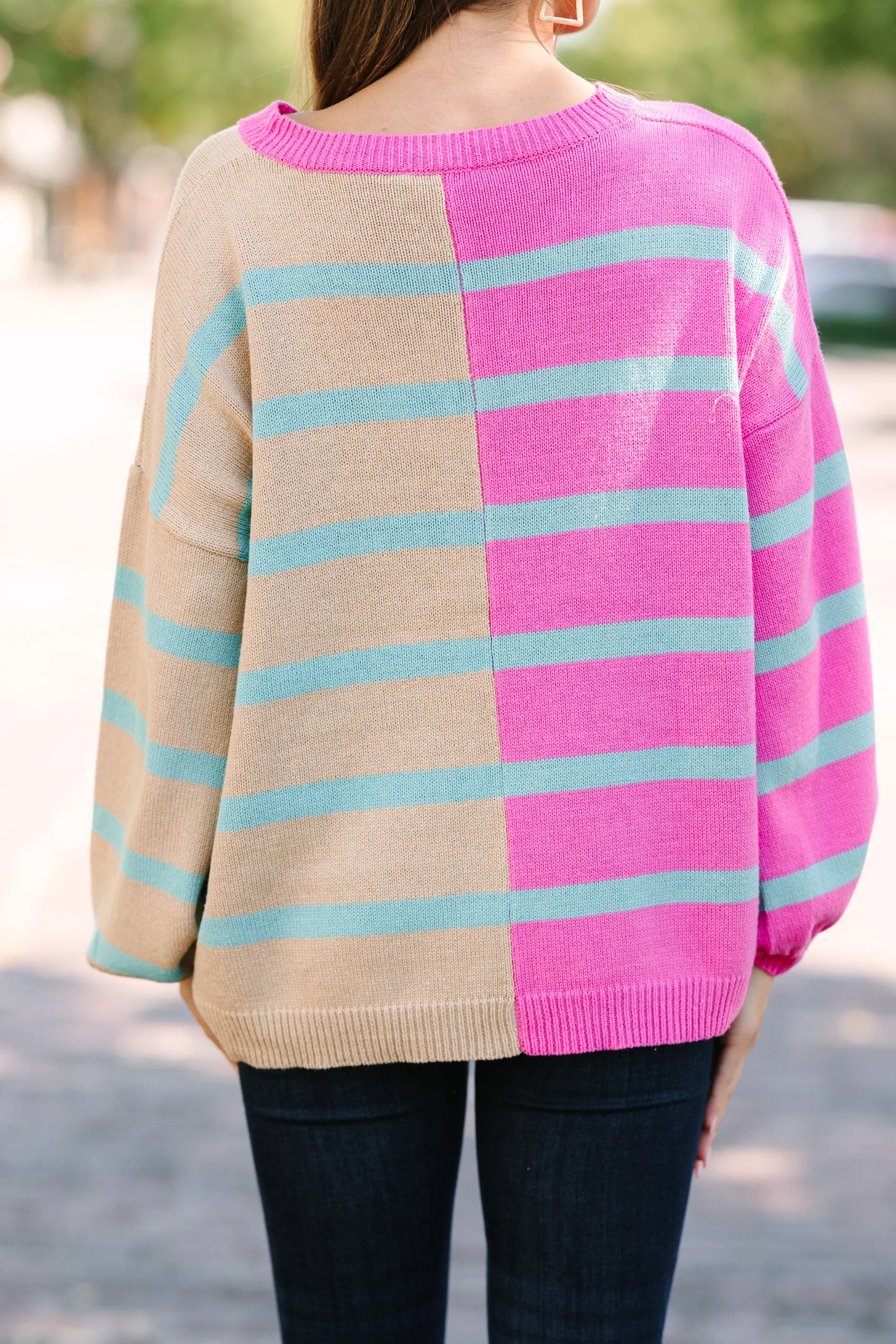 Ready For Anything Pink Striped Colorblock Sweater