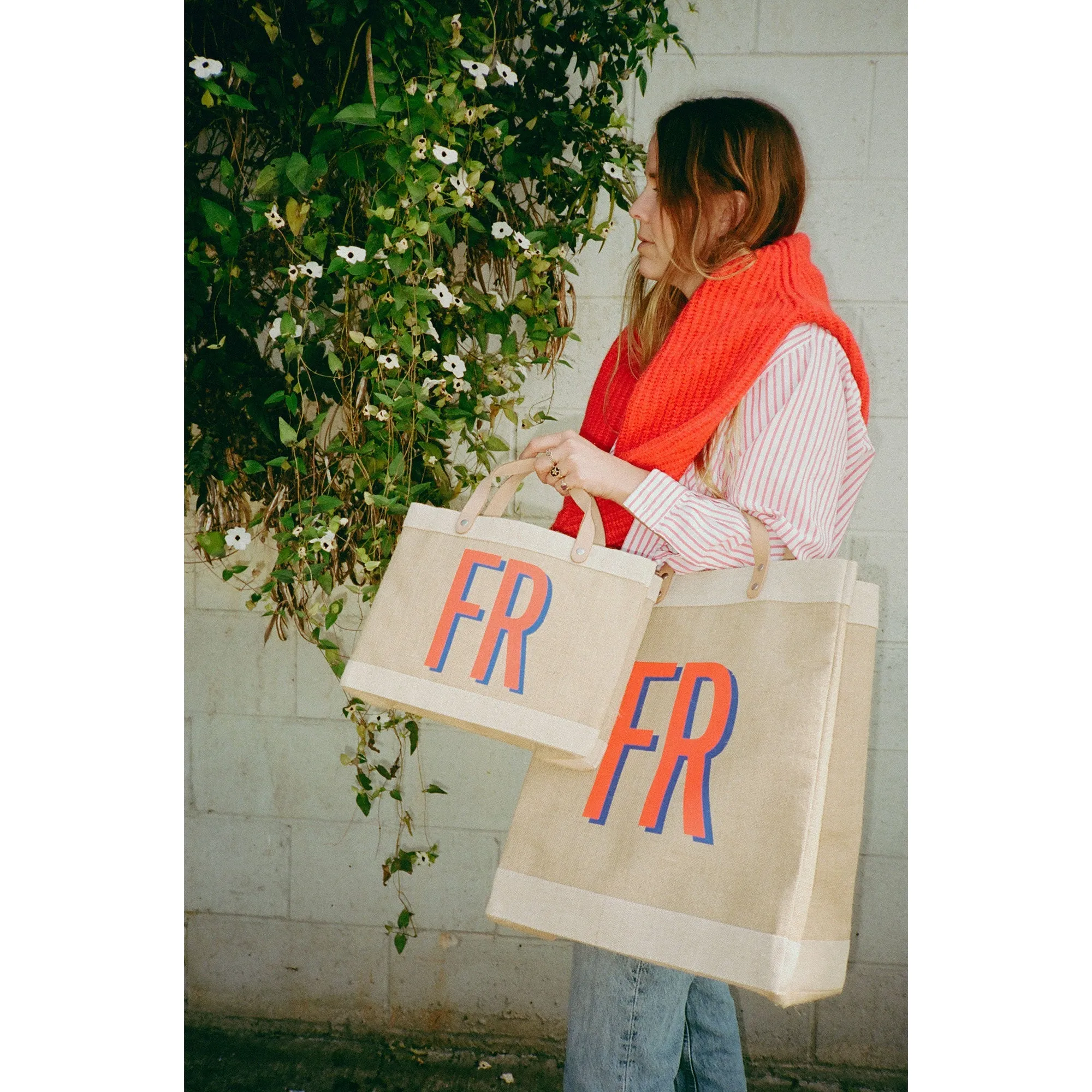 Shoulder Market Bag in Natural with Large Green Monogram