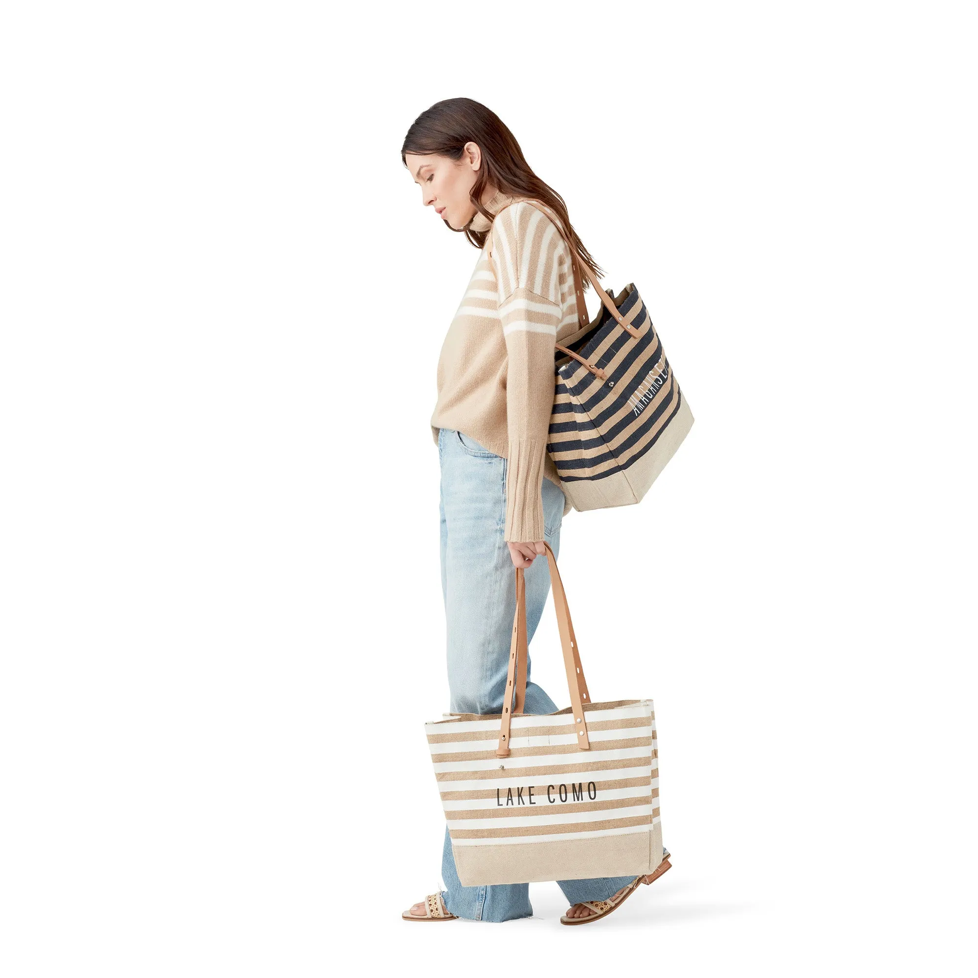 Shoulder Market Bag in White Stripe