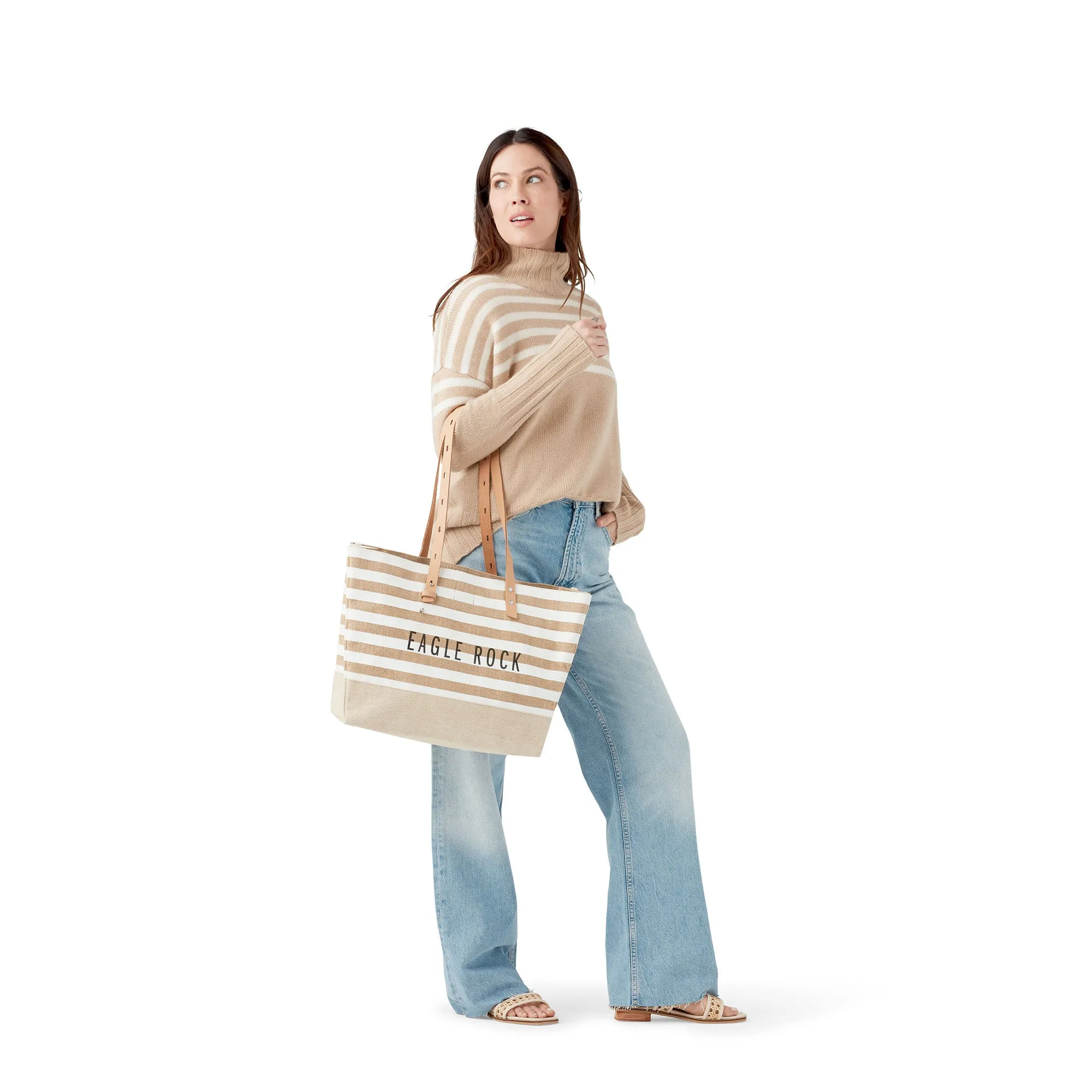 Shoulder Market Bag in White Stripe