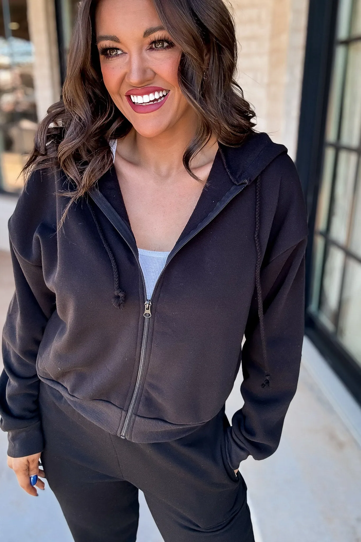 So Popular Black Basic Fleece Zip Up Hoodie