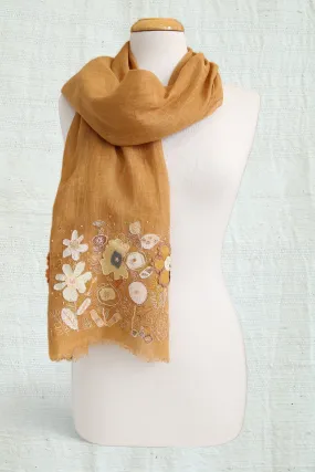 SOPHIE DIGARD NEWSPAPER FLOWERS LINEN SCARF SIENNA