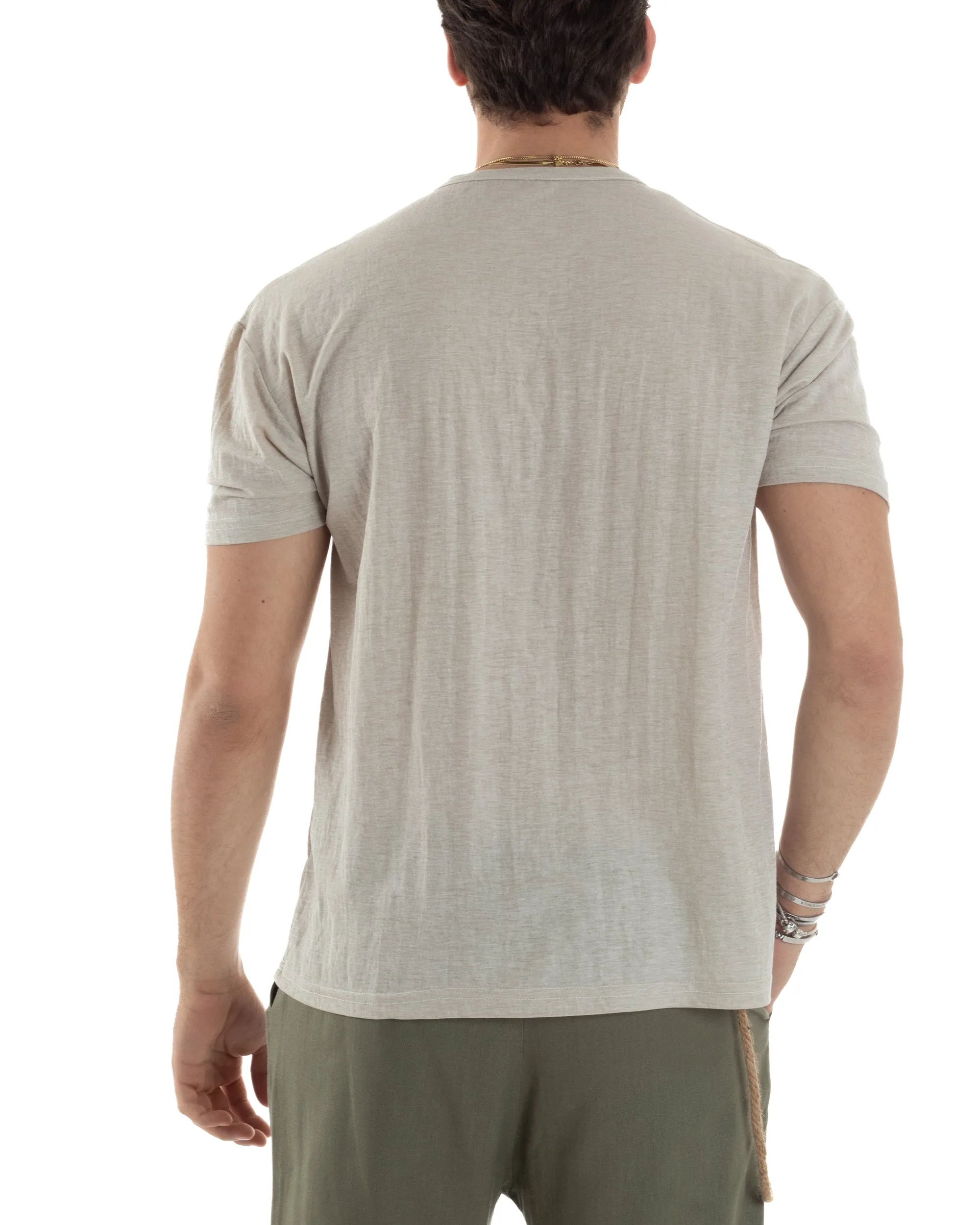 T-shirt Uomo Manica Corta Viscosa Collo Serafino Maglia Con Bottoni Casual Beige GIOSAL-TS3041A