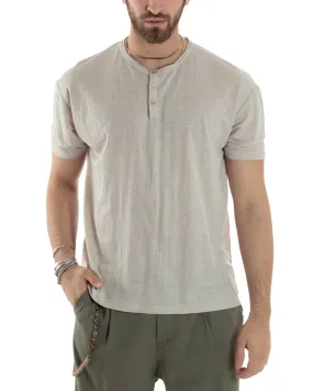 T-shirt Uomo Manica Corta Viscosa Collo Serafino Maglia Con Bottoni Casual Beige GIOSAL-TS3041A