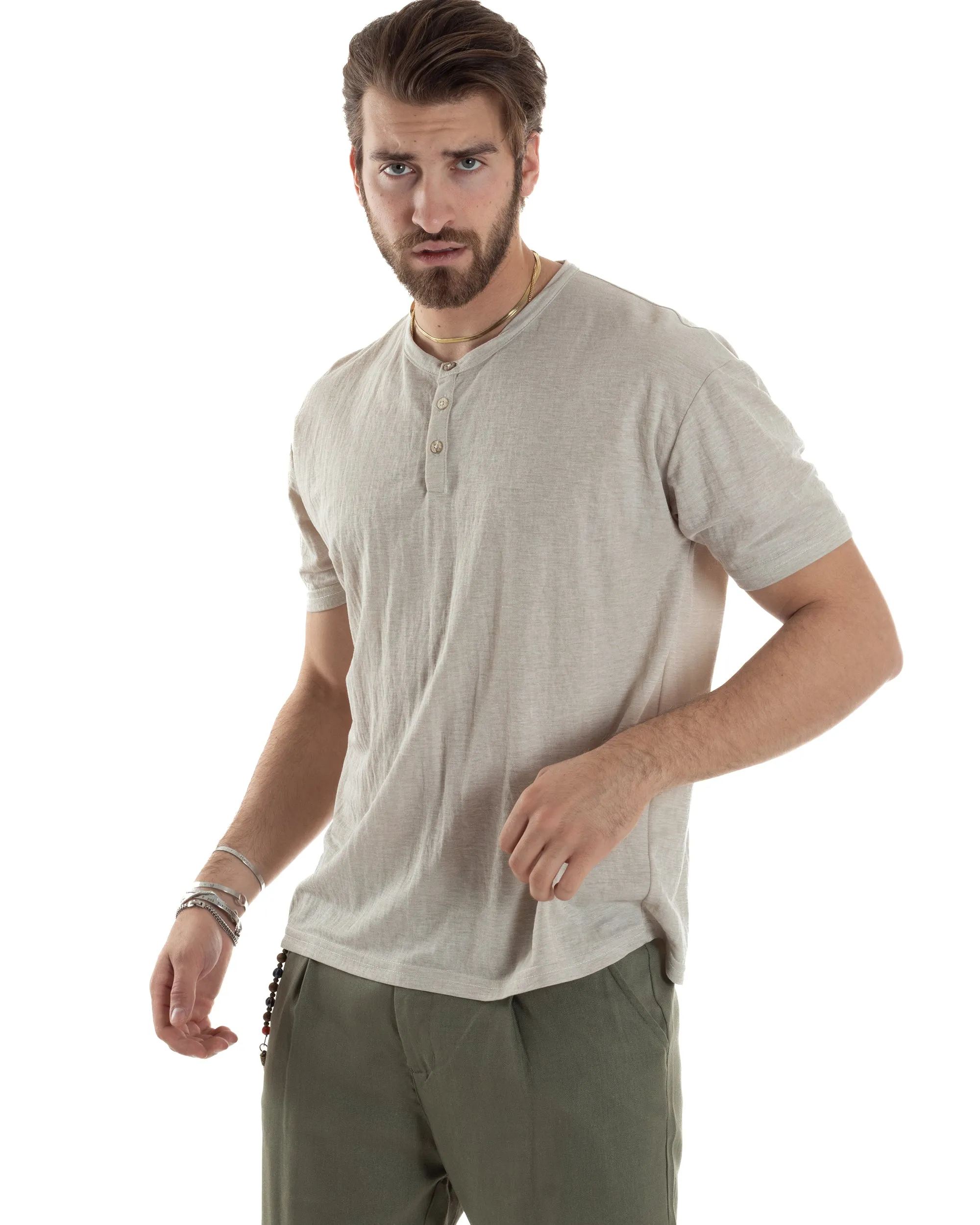 T-shirt Uomo Manica Corta Viscosa Collo Serafino Maglia Con Bottoni Casual Beige GIOSAL-TS3041A