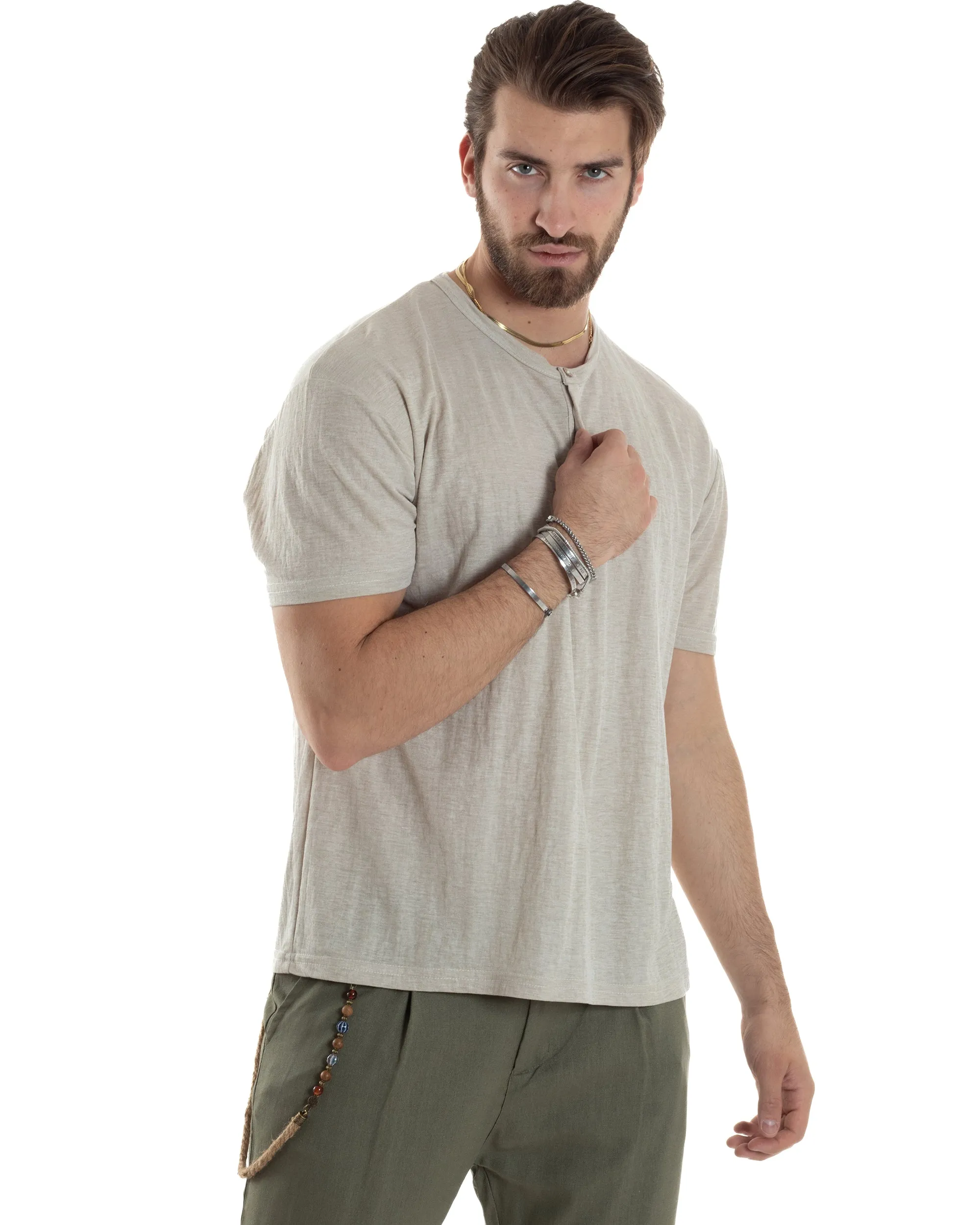 T-shirt Uomo Manica Corta Viscosa Collo Serafino Maglia Con Bottoni Casual Beige GIOSAL-TS3041A