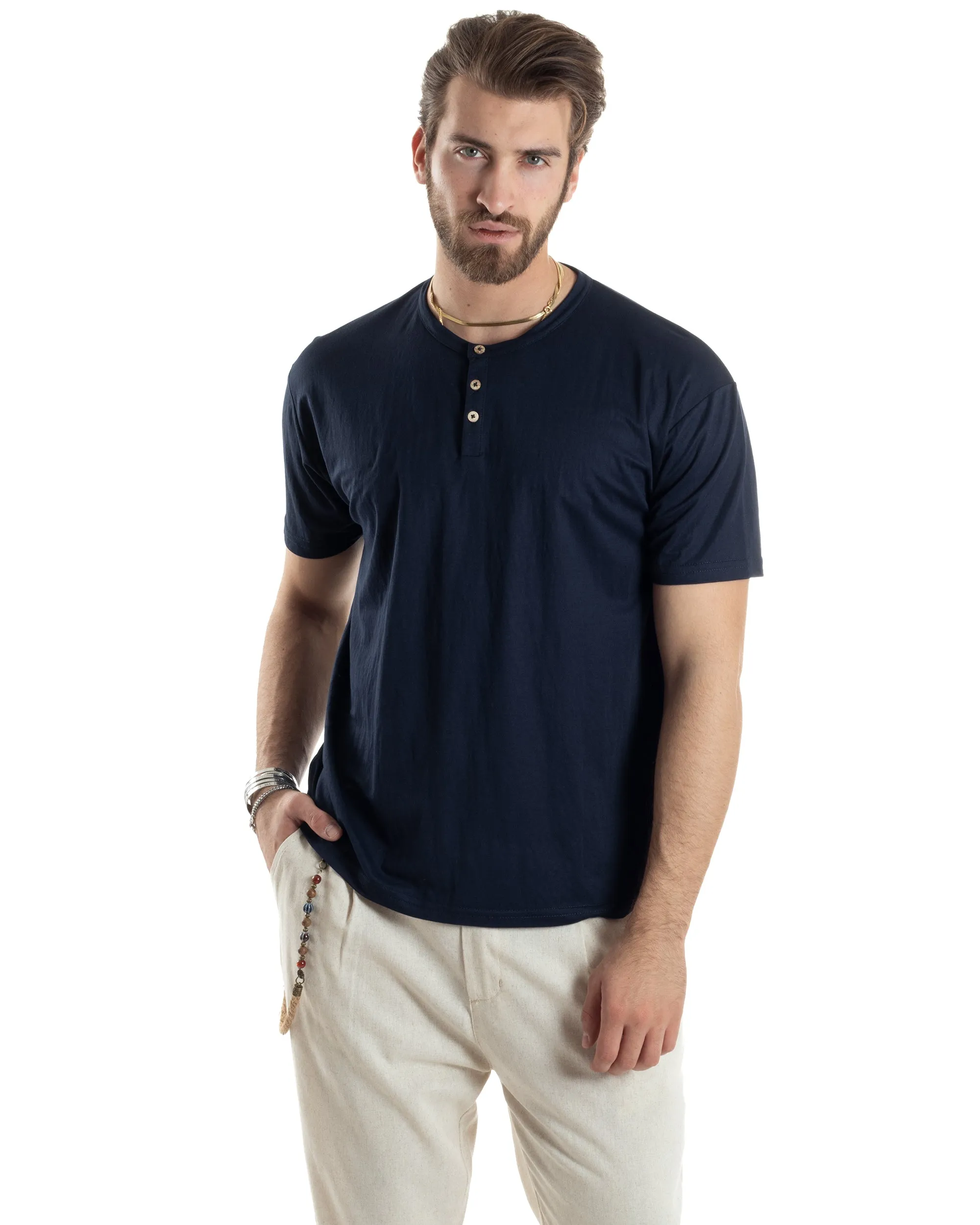 T-shirt Uomo Manica Corta Viscosa Collo Serafino Maglia Con Bottoni Casual Blu GIOSAL-TS3039A