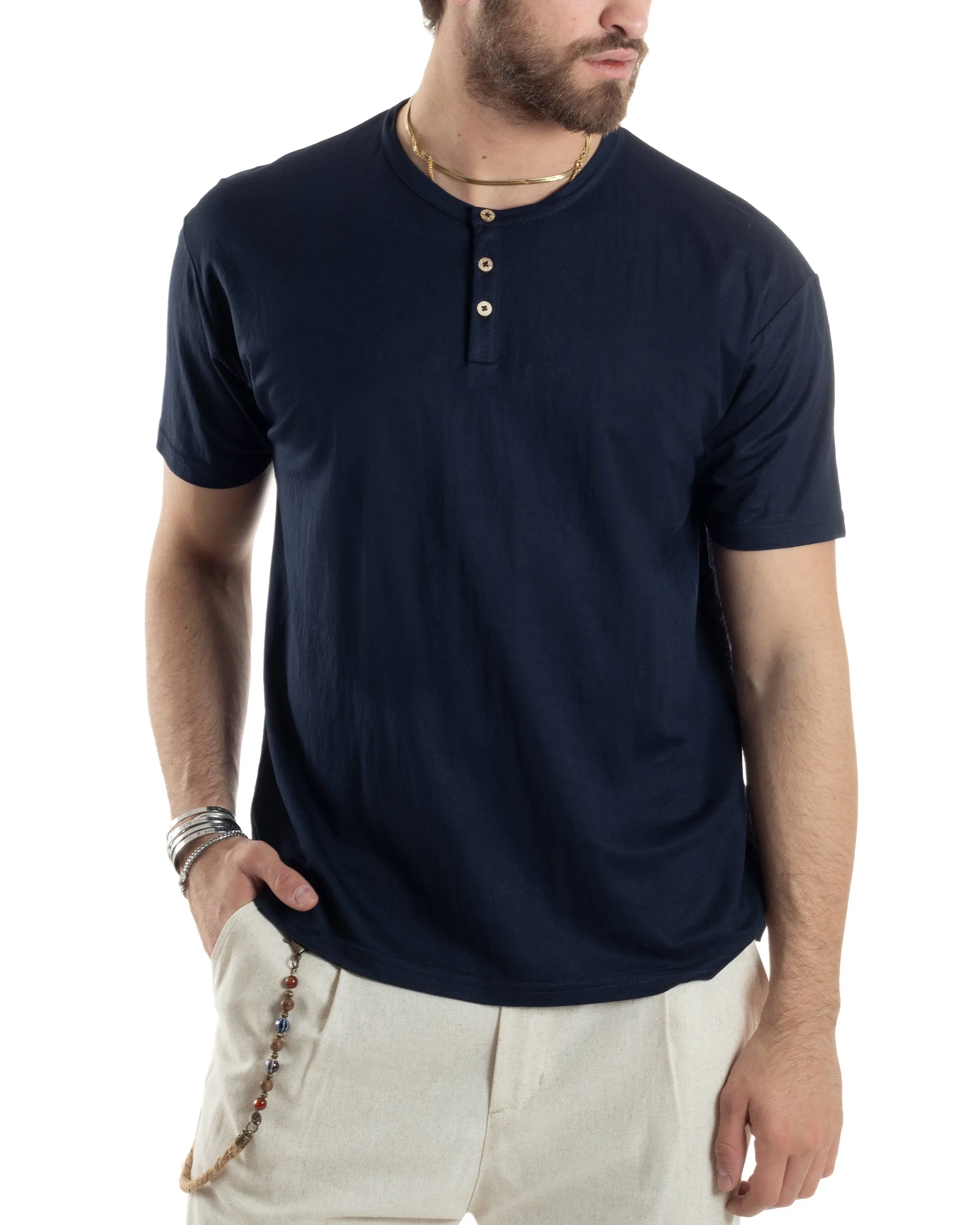 T-shirt Uomo Manica Corta Viscosa Collo Serafino Maglia Con Bottoni Casual Blu GIOSAL-TS3039A