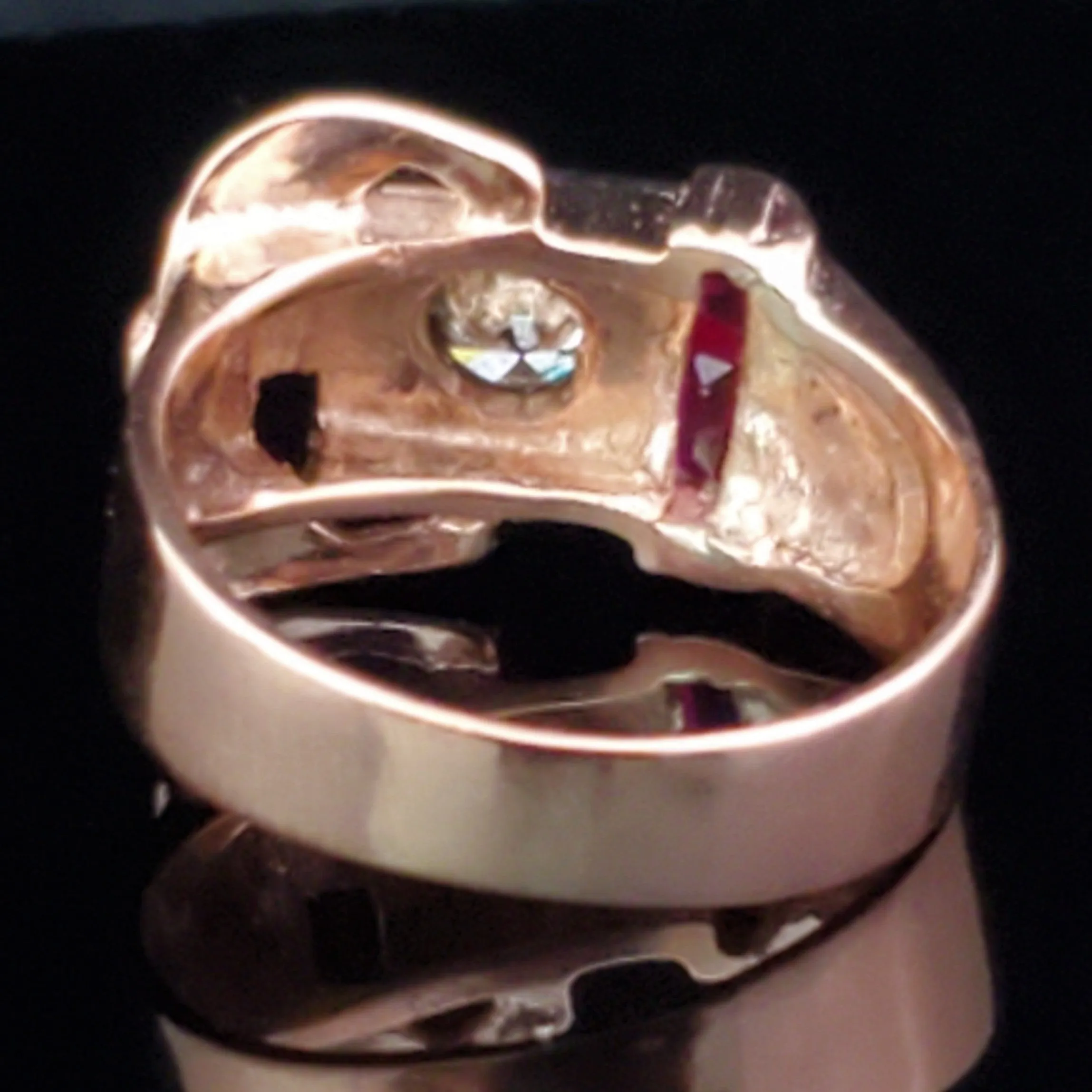 The Lombardy - 1940s Retro Era Diamond Ruby 14k Rose Gold Belt Buckle Cocktail Ring