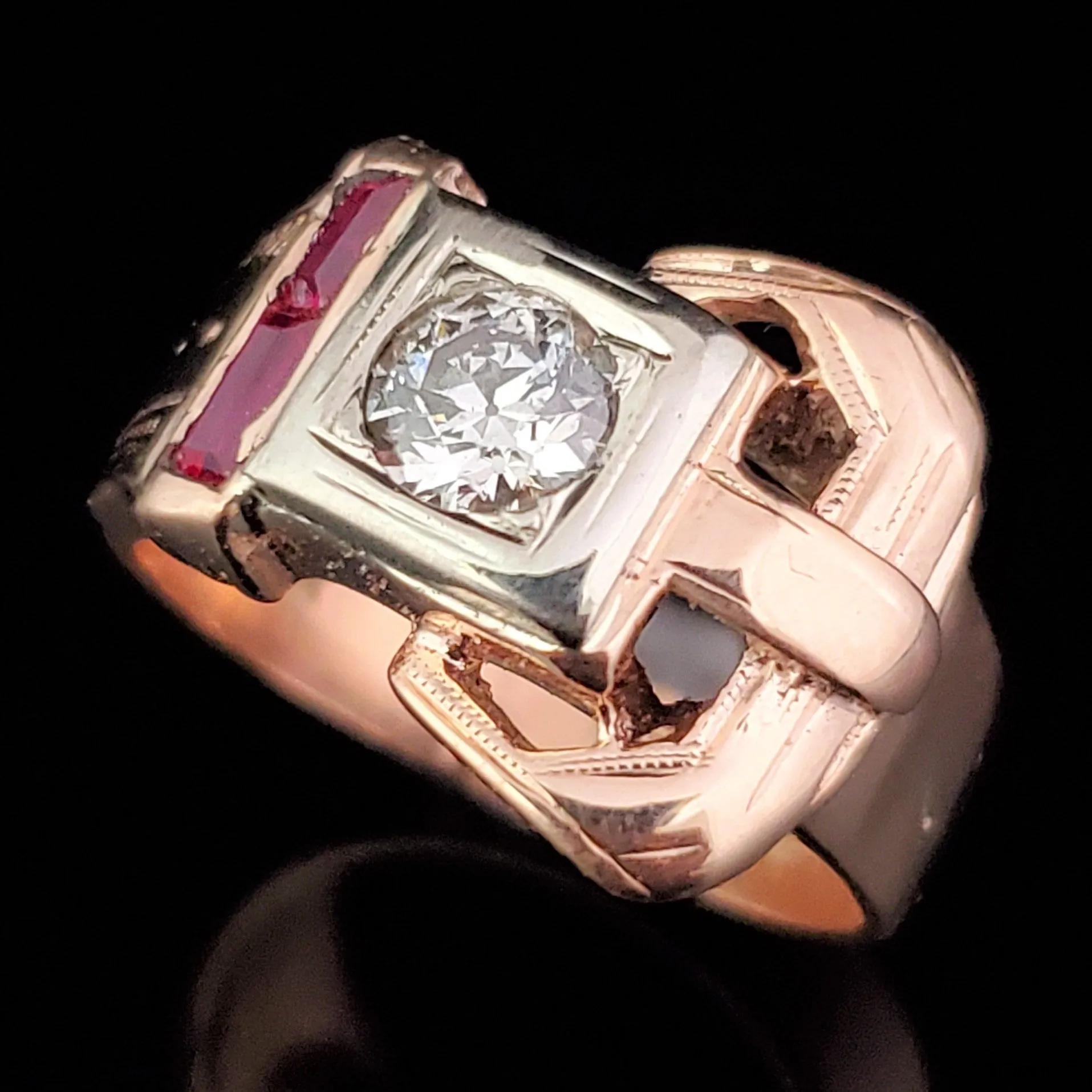 The Lombardy - 1940s Retro Era Diamond Ruby 14k Rose Gold Belt Buckle Cocktail Ring