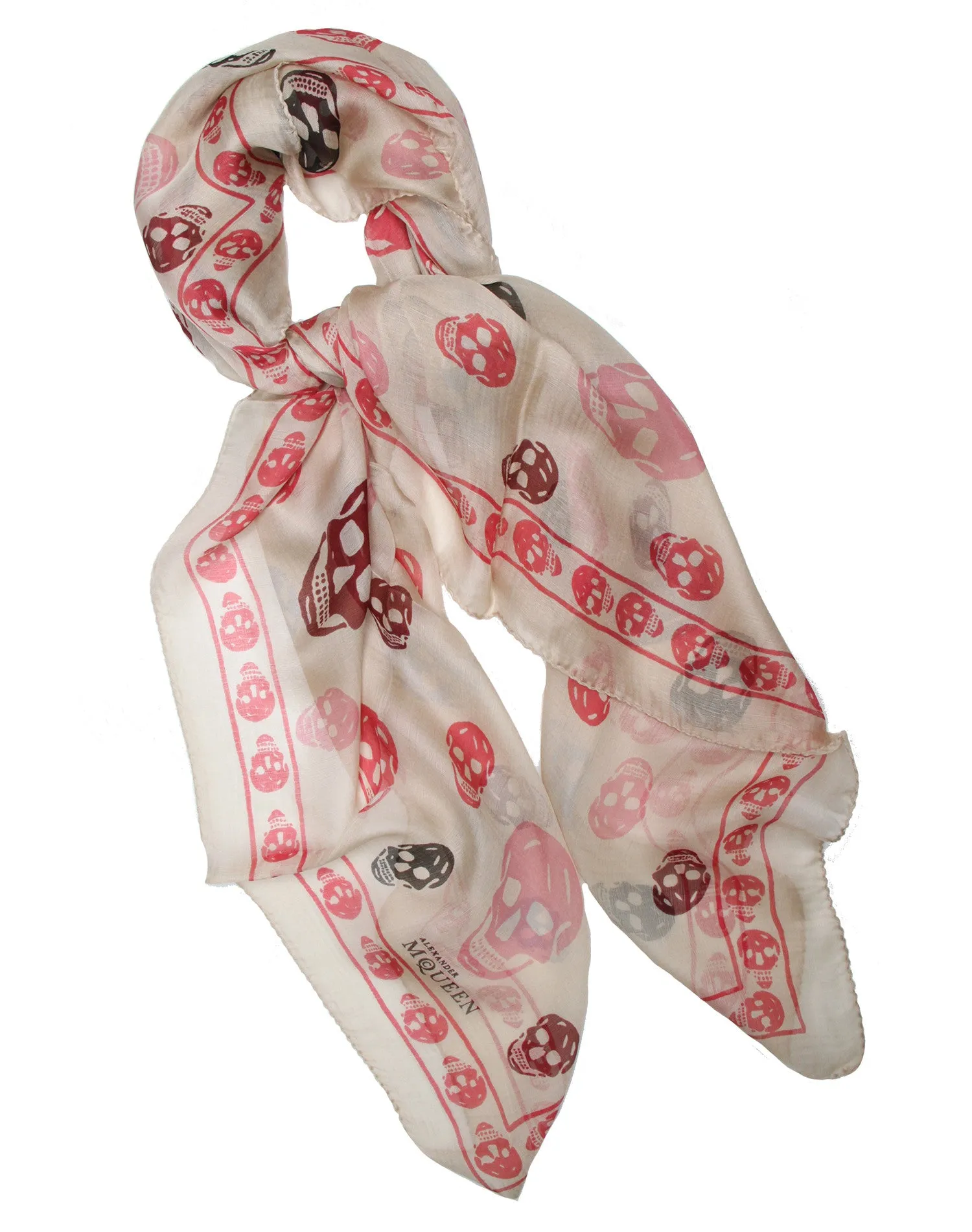 Tri-colour Skull Scarf Silk Chiffon, Cream/Red/Burgundy