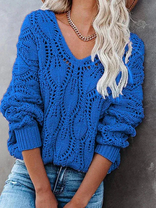 Women's V-Neck Crochet Knit Sweater with Hollow Out Design